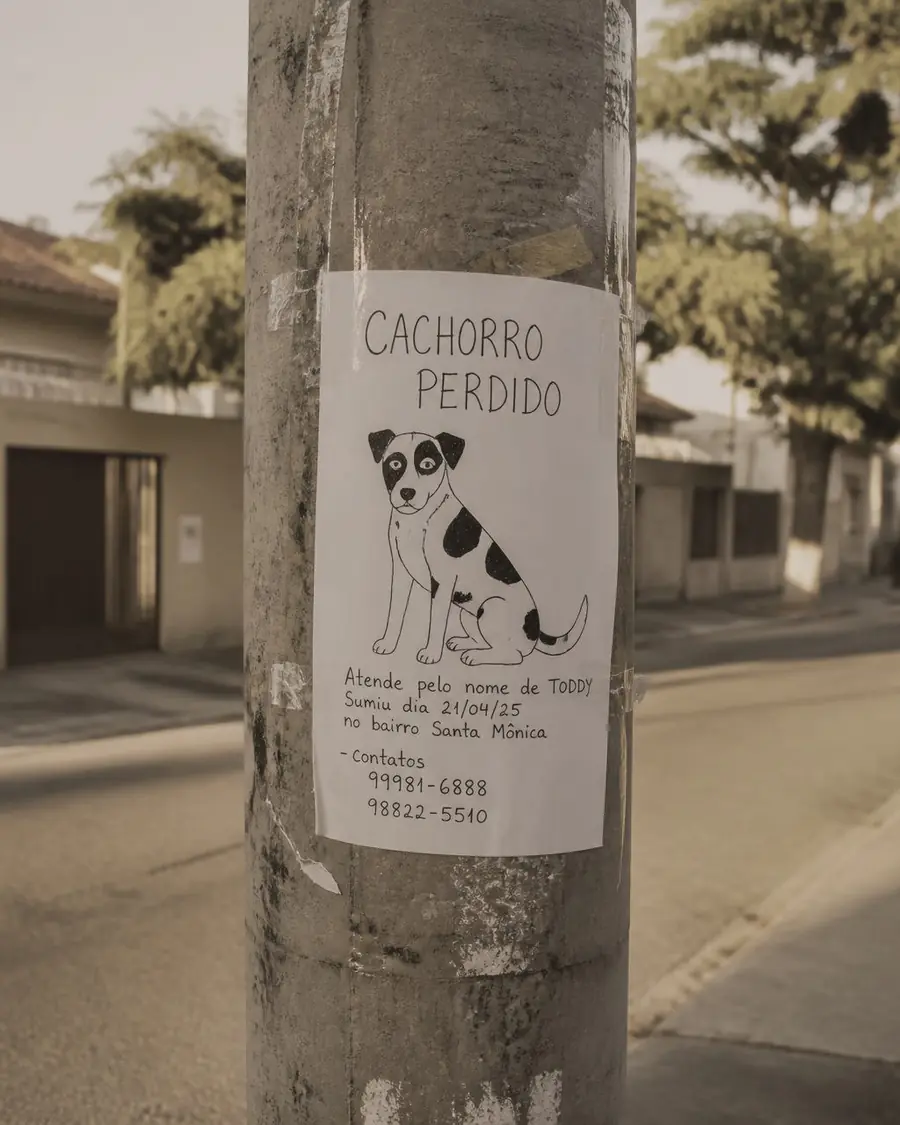 Cartaz de cachorro perdido colado em um poste, no fim de tarde