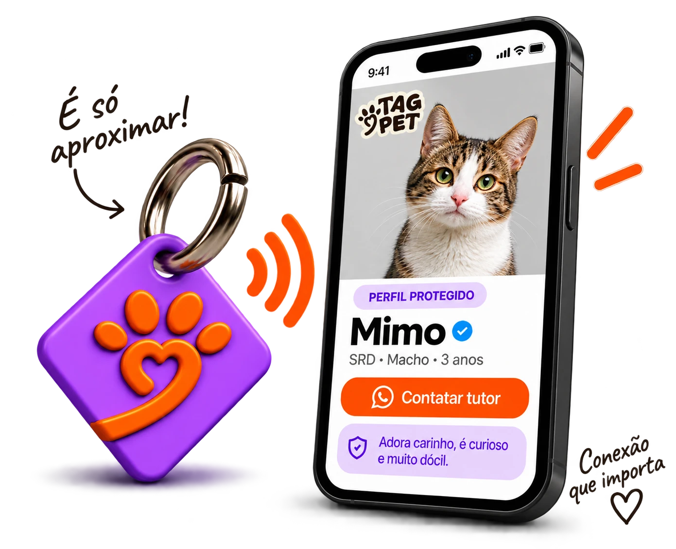 TagPet roxa ao lado de um celular exibindo o perfil do gato Mimo