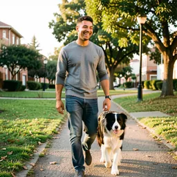 Bruno passeando com seu border collie no bairro