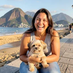 Juliana rindo com a Mel, sua shih tzu, no calçadão da praia