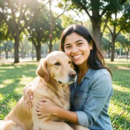 Marina abraçando o Thor, seu golden retriever, em um parque